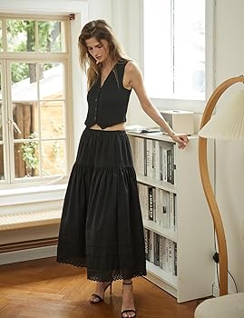 BEAUTELICATE Women Edwardian Long Skirt A-Line Lace Trim Pintuck